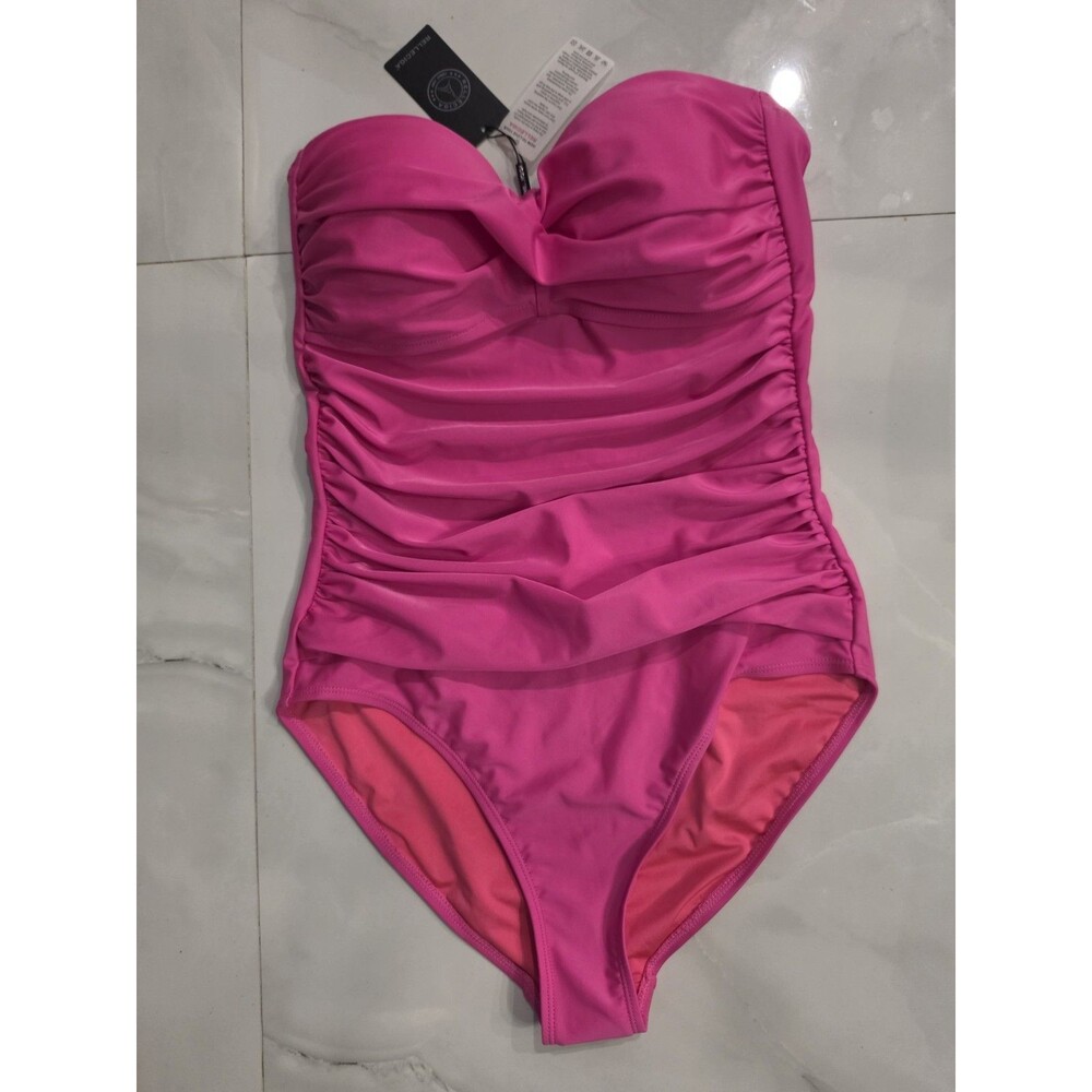 RELLECIGA Women's Tummy Control One Piece Swimsuit Pink Strapless Ruched Medium